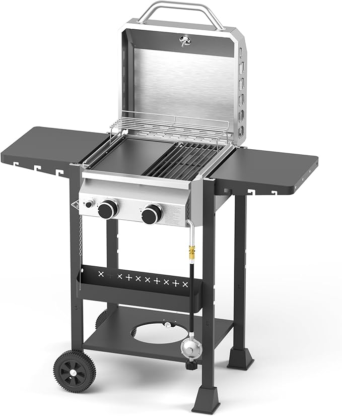 Electactic Propane Gas BBQ Grill 2-Burner Barbecue Grills with Cast Iron Frying Pan and Grates Combo 16000 BTU Output Stainless Steel Grill for Outdoor Cooking Patio Backyard Party