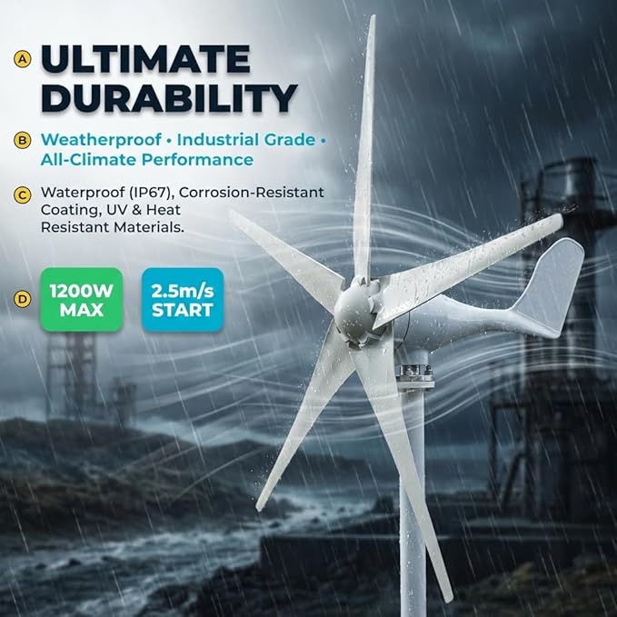 Wind Turbine Generator Kit 1200W 5 Blade Wind Generators for Home 12V 800RPM Power Kit with Controller Windmill Generator for Solar&ampWind System