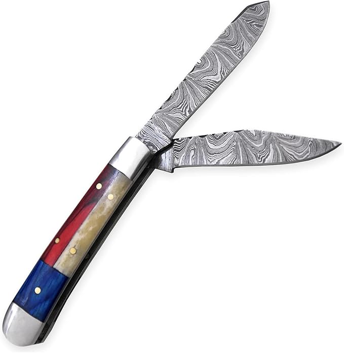 Damascus Steel Pocket Folding Knife Trapper folding knife Knife Leather Sheath Custom Hand Forged knives for Outdoor Survival Hunting Camping edc &amp Hiking Edge Sharpner Rod (TEXAS FLAG HANDL