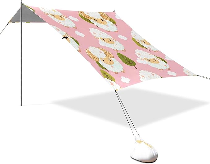 Sheep Beach Canopy Sun Shelter with Sandbags &amp Sand Shovel &amp Windproof Ropes - Portable 110x126 Beach Shade Beach Tent for Camping Picnics