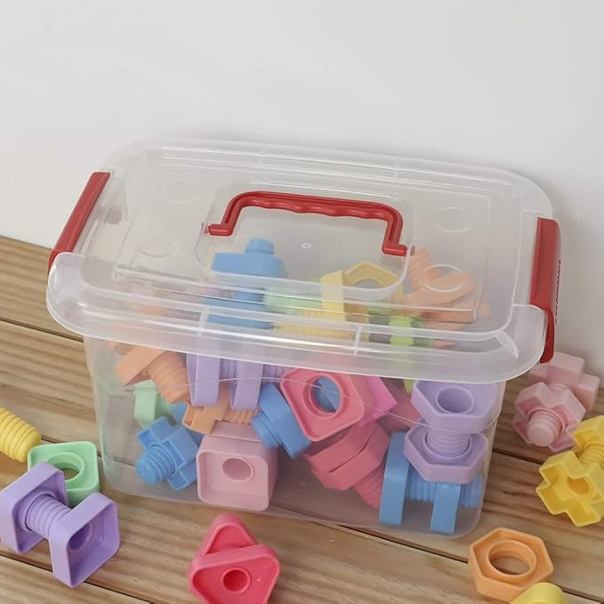 5 L Plastic Storage Bin with Lid Clear Transparent Box With Red Handles Set of 6