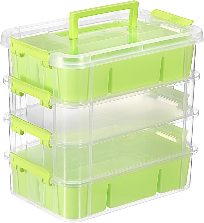 JUXYES 4-Tiers Stack Carry Storage Box With 2 Divided Tray Transparent Stackable Storage Bin With Handle Lid Latching Storage Container for School &amp Office Supplies Green