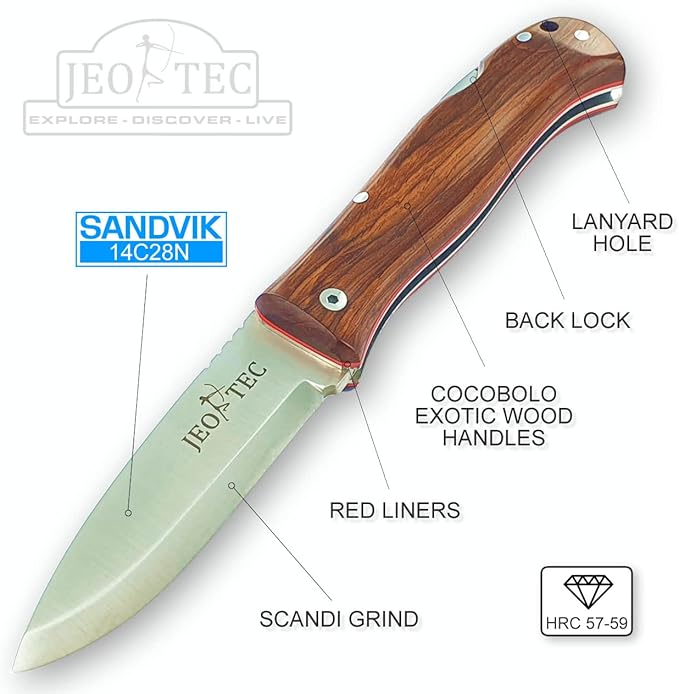 JEO-TEC Nº16 Pocket Folding Knife for Bushcraft Survival Camping Hunting Fishing Outdoor Stainless Steel Sandvik 14C28N Scandi Blade Handmade
