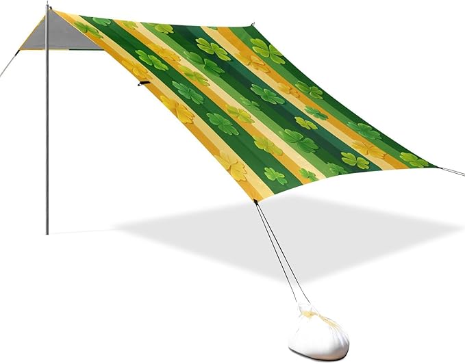 St Patrick's Striped Shamrocks Beach Tent Sun Shelter Set UPF50+ UV Protection 10.5 x 9.19 FT Camping Shade Canopy with Sandbags Sand Anchors Carrying Bag and Others
