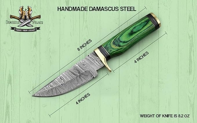 8-Inch Hand-Forged Damascus Steel Hunting Knife Fixed Blade Skinning Design with Leather Sheath Multicolor Wood Handle Brass Guard Twist Pattern Blade for Camping (Green)