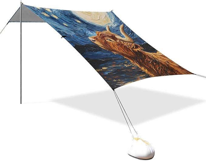 ALAZA Highland Cattle Starry Sky Beach Tent Sun Shelter Portable Canopy Sunshade for Outdoor Camping Picnics Backyard Fun 10x9 ft