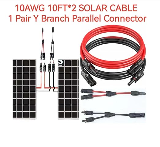 2pcs 10FT 10AWG Solar Extension Cable with Female and Male Connectorwith Extra 2pcs mc4 y connectors Adaptor Kit for Home Ship and RV Solar PanelsWaterproof Solar ExtensionCable Kit .