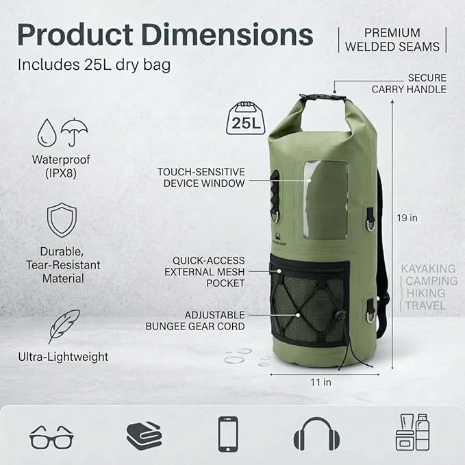 Waterproof Dry Bag 500D PVC Roll Top Dry Sack with 3 Carrying Ways Lightweight Waterproof Bag for Kayaking Swimming Boating Paddle Boarding Hiking Beach (Army Green 25L)