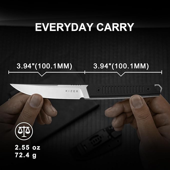 Kizer Kwaiken Fixed Blade Knife 3.94 Nitro-V Blade Hunting EDC Knife with Black G10 Handle Survival Knife with Adjustable Sheath for Hiking Camping Outdoor Knives 1066A4