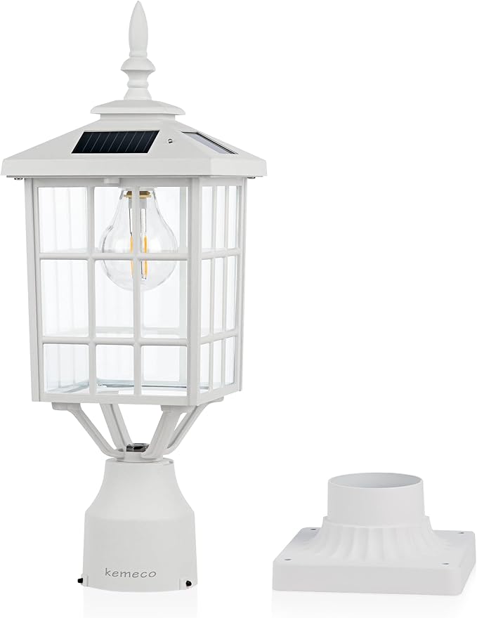 Kemeco ST4224Q-W Solar Post Light Outdoor Led Squared Frame Fixture with 3 Pier Mount Base for Garden Street Pole Landscape Yard Driveway Entryways (White)