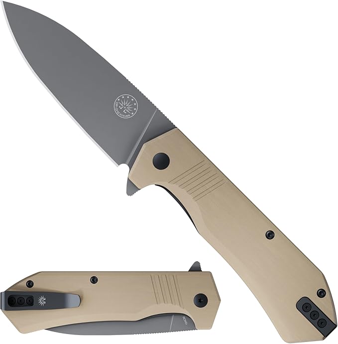 Off-Grid Knives - STINGER XL Folding Knife 154CM Steel Full Flat Grind G10 Scales Ceramic Bearings Drop-Shut Action Deep Pocket Clip Left or Right Hand Carry Camping &amp Tactical Use (Coyote