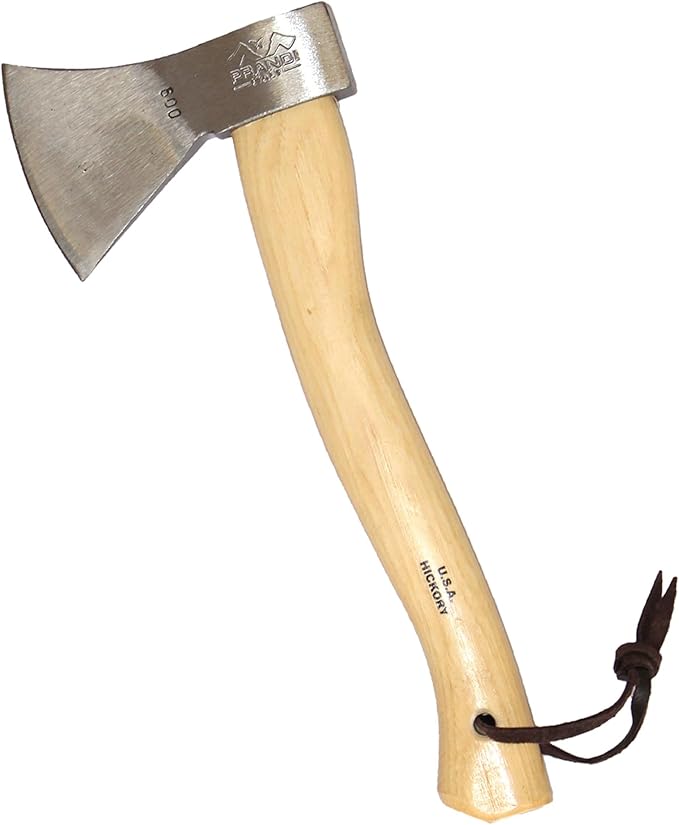 Prandi German Style Camping Hatchet - 1.32lb C43/C45 Carbon Steel Axe with 14” Hickory Handle - Professional Bushcraft Tool for Firewood Splitting &amp Carving