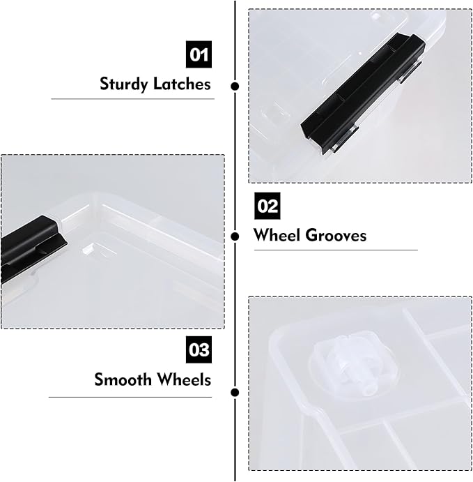 Pekky 22 Qt Clear Plastic Storage Bins with Lids and Wheels 6 Packs Plastic Latching Container Box for Organizing