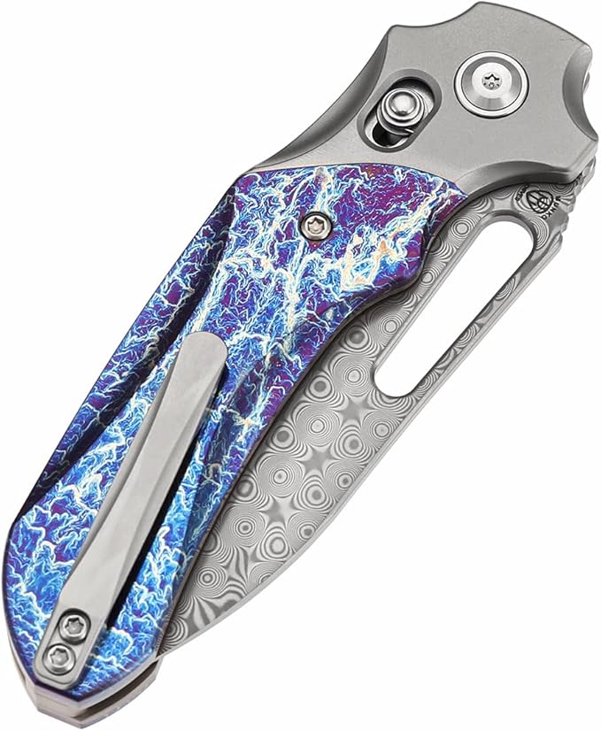 KANSEPT Quasar Pocket Knife 3.38'' Damascus Sharp Steel Blade Titanium Inlay Lightning Strike Finish Handle Cross Bar Lock Folding with Elongated Thumb Hole for Edc Camping Hiking Knives K1099V3