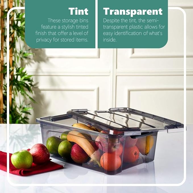 Tribello Bulk Plastic Latching Storage Container Bin With With Lids For Organizing - Tinted - Made in EU (6 Pack 12.5 Quarts)