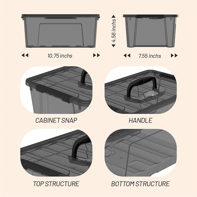 9-Pack Plastic Storage Bins with Lids 6 Quart Stackable Organization Containers with Latch Buckle.Clear Black