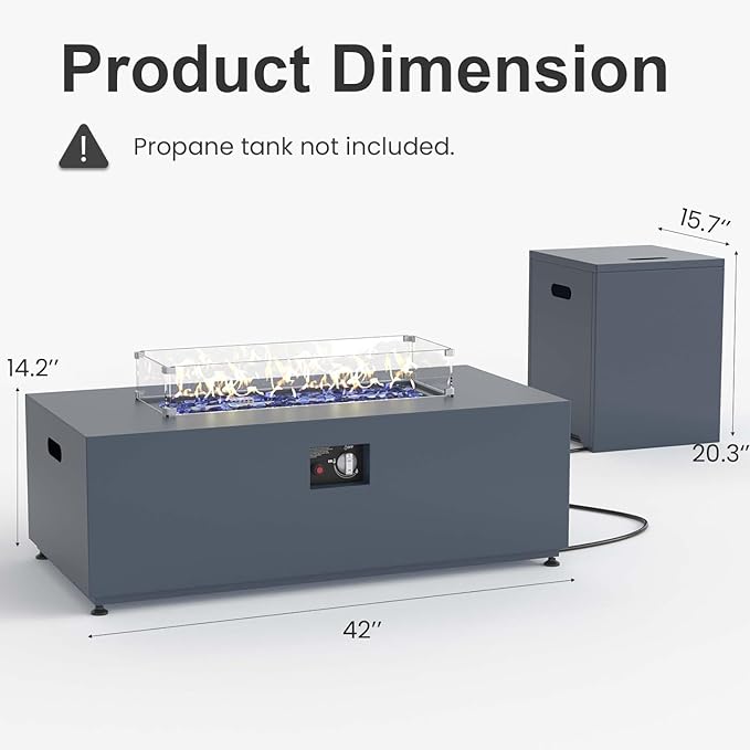42 Propane Fire Pit Table Set with Tank Holder Rectangle 2-Piece Outdoor Firepit Wind Guard Lid Glass Stones and Cover
