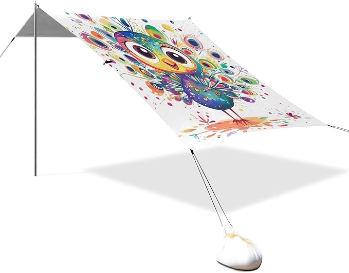Cute Peacock Foldable Beach Tent UPF50 Lightweight Portable Sun Shelter with Carrying Bag for Camping Picnics Backyard &amp Fishing