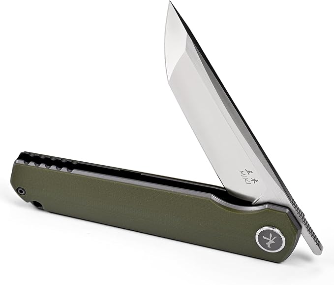 Miki Pocket Samurai Folding Knife G10 Handle Tanto w/ D2 Plain Blade Outdoor Camping Hiking Knife Fishing And Everyday Carry nique Tool Gift for EDC Men Women (Green)
