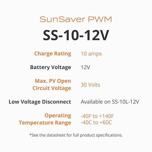 Morningstar SunSaver 10A PWM Solar Charge Controller (SS-10-12V) - Regulator for 12V Batteries Four Stage Battery Charging HazLoc Rated Low Noise 5 Year WTY - Designed in The USA