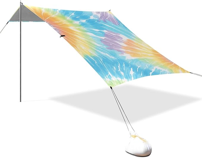 Turquoise Tie Dye Background Rainbow Colors Beach Tent UPF50+ Lightweight Portable Sun Shelter with Sandbags and Shovel for Camping Fishing Backyard Fun