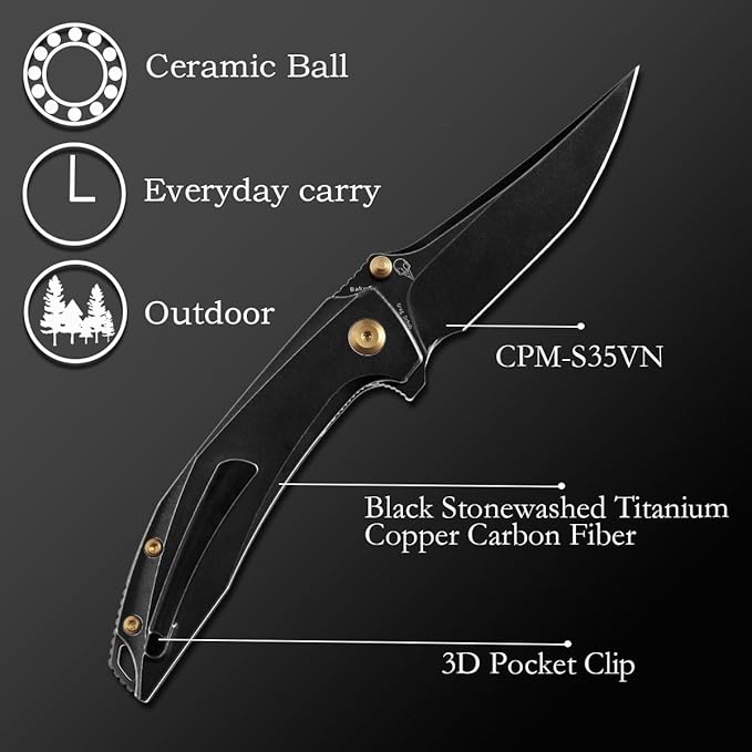 KANSEPT Baku Pocket Folding Knives for Men EDC Camping Folding Knife 3.2'' CPM-S35VN Material Women Folding Knives with Titanium Copper Carbon Fiber Handle Everyday Carry K1056A1
