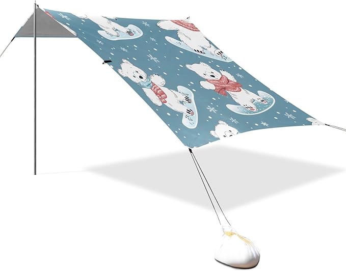 ALAZA Bear Snowboard Winter Beach Tent Sun Shelter UPF50+ Protection Beach Shade Canopy w/ 4 Sandbags for Outdoor Camping Fishing Backyard Fun Picnic 10x9 ft
