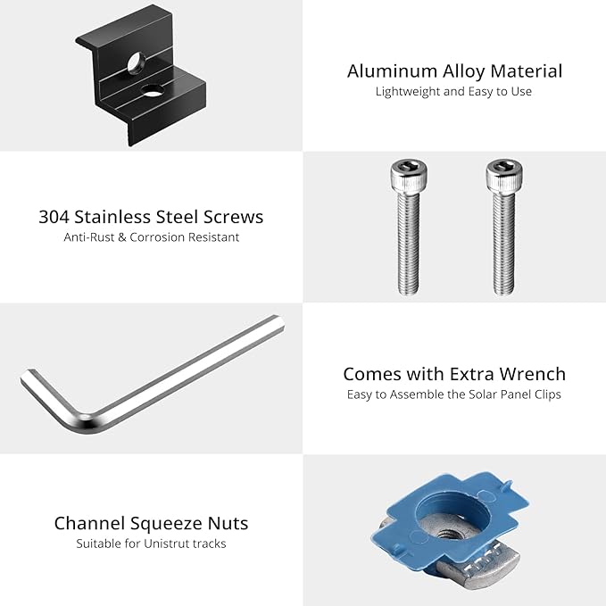Anbte 20pcs Solar Panel End Clamp for Standard Unistrut Aluminum 30mm/35mm Solar Panel Brackets with Nuts Bolts Solar Panel Mounting Kit for Metal Roof Tin Roof Flat Roof Sheet Roof RV Black