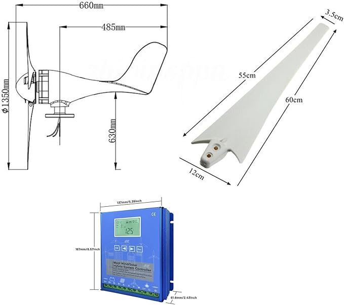 3000W Wind Turbine Generator 12V 24V 48V Windmill With MPPT Controller Power Supply Kit Solar Complementary Permanent Magnet Wind Turbine Generator Home Project Use Street Lighting ( Color : 12V )