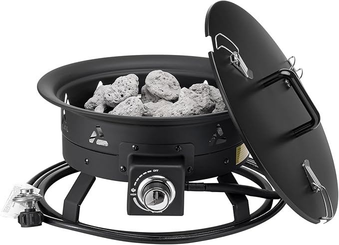 VEVOR Propane Fire Pit 19-Inch Diameter Outdoor Portable Gas Fire Pit with Cover &amp Lava Rocks Adjustable Flame Height Camping Firepit for Heating Lighting Gathering 58000 BTU Black