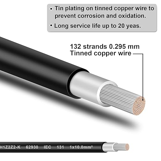 Solar Panel Wire - 50FT Black Tinned Copper Wire 8AWG (10mm²) PV Wire Solar Extension Cable for Outdoor Automotive RV Boat Marine Solar Panel - Black (8AWG 50FT)