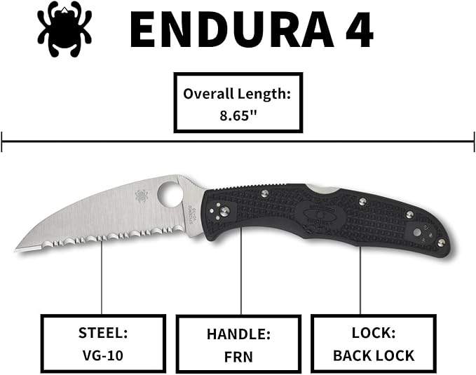 Spyderco Endura Flat Lightweight Folding Knife - Black FRN Handle with SpyderEdge Full-Flat Grind VG-10 Steel Wharncliffe Blade - C10FSWCBK
