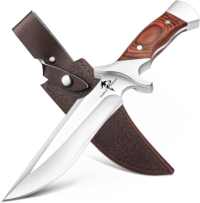 Purple Dragon Camping Fixed Blade Knife with Sheath-6 Inch Outdoor Knife-Full Tang 440C Steel Bushcraft Knife with Redwood Handle-Outdoor Gear Christmas Gift for Men and Women