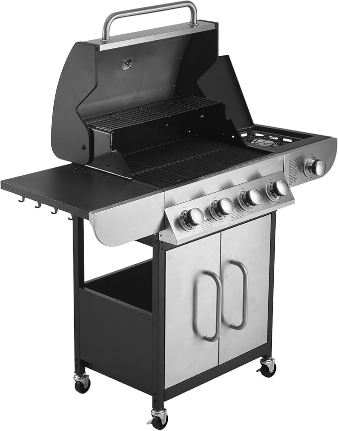 VEVOR Gas Grill 4 Burner Propane Gas Grill with Side Burner 425 SQ.In Grilling Area Carbon Steel Enamel Grates Outdoor 52000 BTU Patio Garden BBQ Grills with Two Side Shelves Stainless Steel