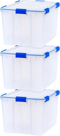 IRIS USA WeatherPro 74 Qt Storage Bins with Lids 3 Pack BPA-Free Plastic Gasket Box with Tight Latch and Seal Stackable Nestable Tote Tub - Clear/Blue