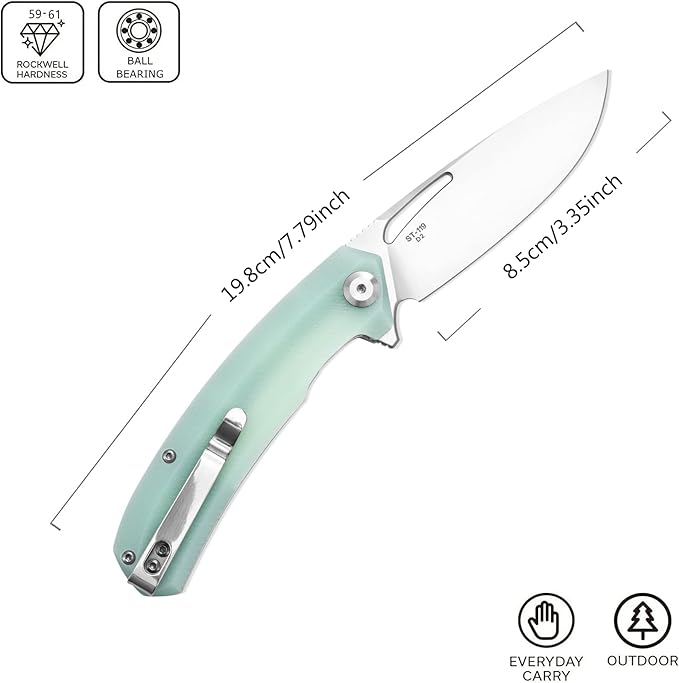 Sitivien ST119 Folding Knife D2 Steel Blade and G10 Handle EDC Tool Knife with Pocket Clip for Outdoor Camping Hiking Survival(Jade)