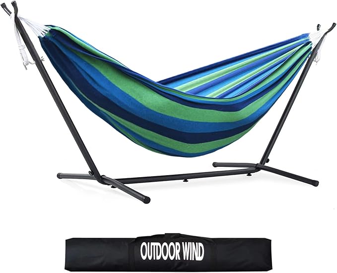 550lbs Capacity Double Hammock Adjustable Hammock Bed with 10ft Heavy Duty Steel Stand Includes Portable Carrying Case Easy Set up Blue/Green a