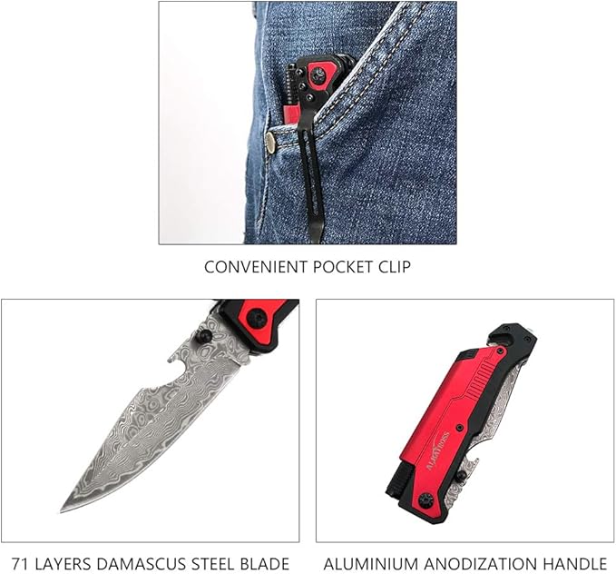 ALBATROSS 6-in-1 Modern Damascus Steel Folding Pocket Knives with LED LightSeatbelt CutterGlass BreakerMagnesium Fire StarterBottle OpenerMulti-Function Emergency Tool(Red-DA)