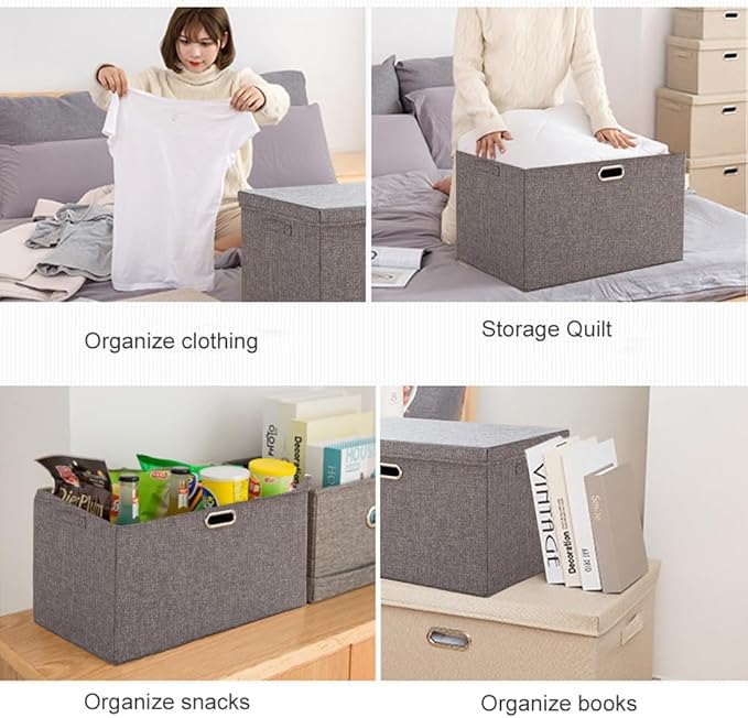 Large Collapsible Stackable Storage Bins with Lids 3 Packs – Beige Linen Fabric Closet Organizer Boxes Foldable Cube Baskets for Bedroom Office Clothes