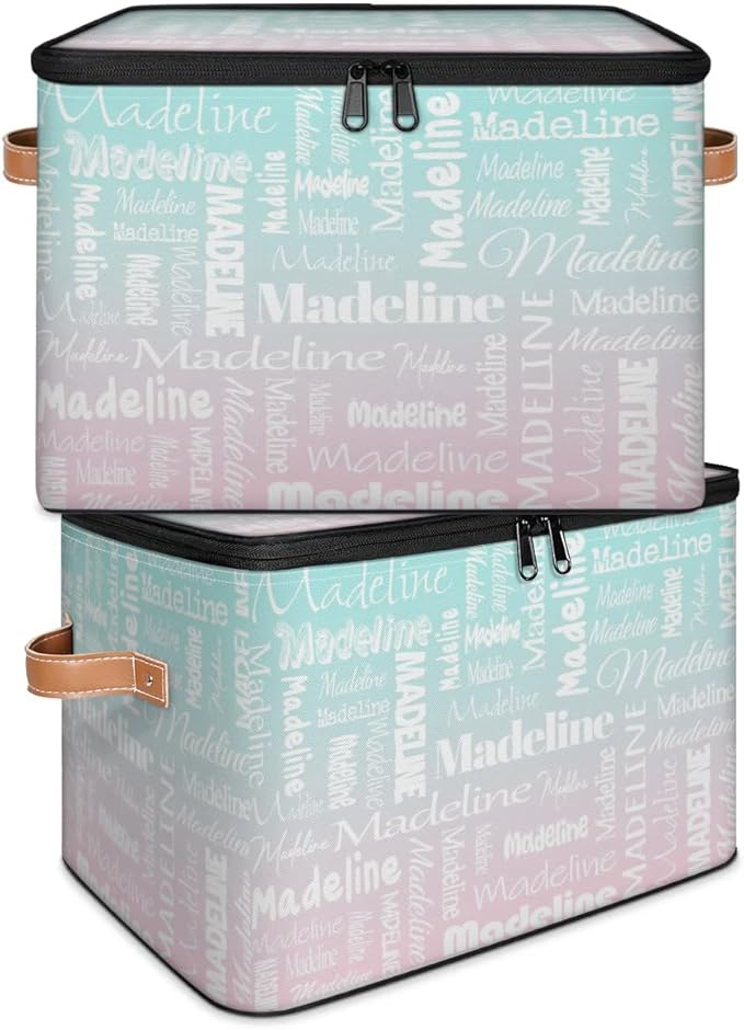 Custom Storage Basket with Name Personalized Keepsake Box with Zipper Lid Foldable Fabric Memory Bin Large capacity with Handle Green Pink
