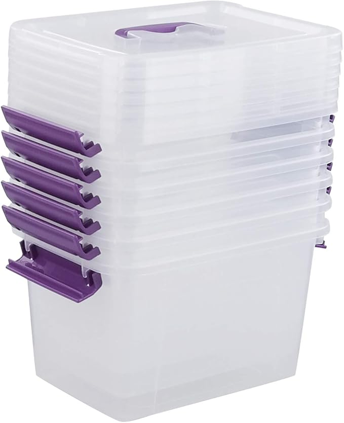 Clear Plastic Bin with Lid 6 Quart Latching Box with Purple Handle 6 Packs