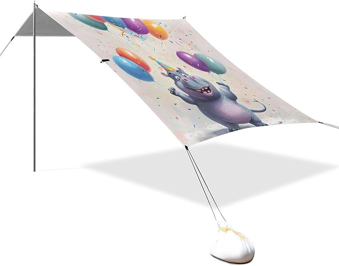 ALAZA Hippo and Balloons Beach Tent Sun Shelter UPF50+ Protection Beach Shade Canopy w/ 4 Sandbags for Outdoor Camping Fishing Backyard Fun Picnic 10x9 ft