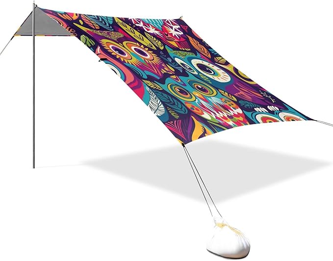 ALAZA Colorful Cute Owl Cartoon Beach Tent Sun Shelter Portable Canopy Sunshade for Outdoor Camping Picnics Backyard Fun 10x9 ft