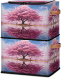 KOBLEN Pink Peach Tree Pattern Storage Basket Collapsible Rectangular Storage Bins with Zipper Lid Handle Closet Shelf Cloth Organizer Basket for Nursery Bedroom Clothes Toy