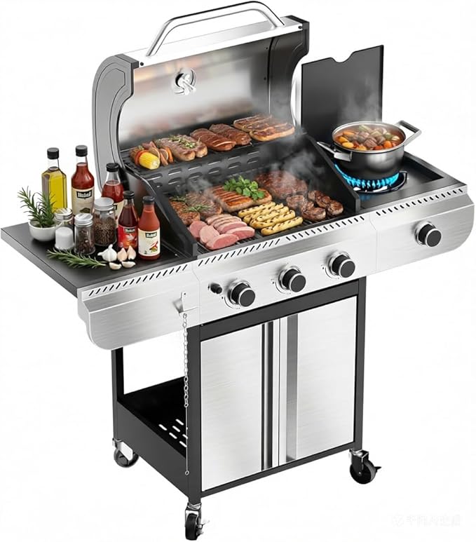 3-Burner Propane Gas Grill with Side Burner 34000 BTU Stainless Steel BBQ Grill – Heavy-Duty Porcelain-Enameled Grates for Patio and Outdoor Cooking