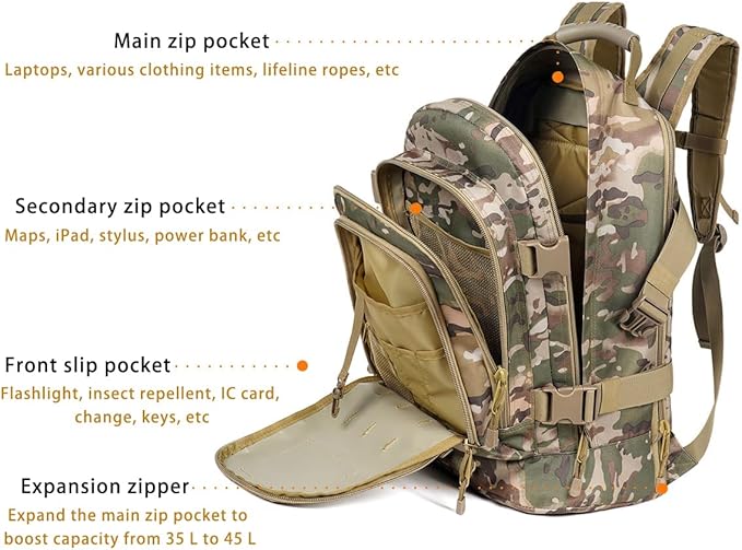 Tactical Military Backpack for Men 45L Gym Backpacks Outdoor Bag Large MOLLE Daypack for Rucking Hiking Fishing Camping (BCP)