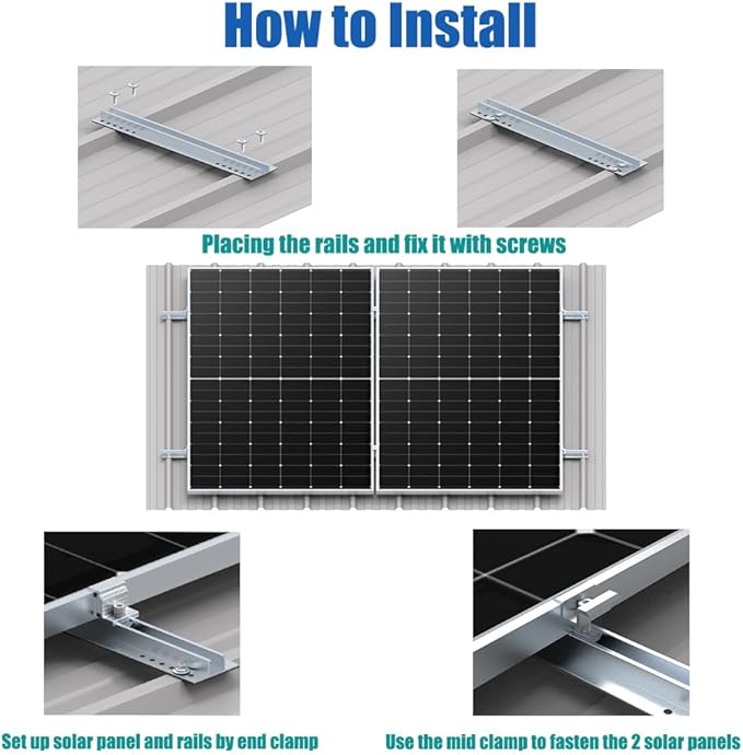Solar Panel Mounting Brackets Rails Kit Aluminium Solar Panel Brackets for Metal Roof Tin Roof Flat Roof Sheet Roof RV Silver (1-2 Solar Panels )
