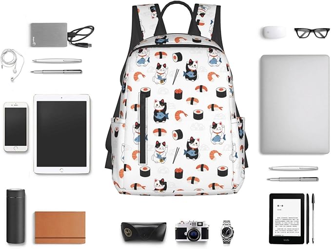 Travel Laptop Backpack Business Anti Theft Japanese sushi and lucky cat Durable Backpack College Computer Bag Gifts for Men &amp Women