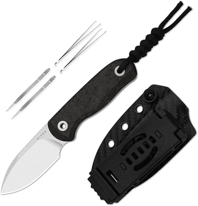 Kizer Drop Bear Fixed Blade Knife 2.57 M390 Satin Blade EDC Camping Knife with Black Carbon Fiber Handle &amp Built-in Tools Outdoor Small Hunting Survival Knives with Kydex Sheath 1094A3