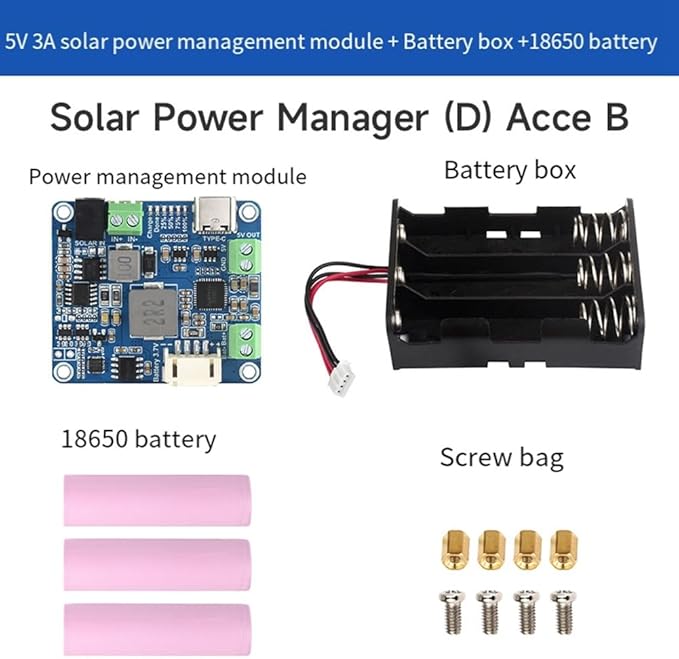 Solar Power Manager Module+3xBattery+Case Supports 6V-24V Solar Panel Blue Type-C 5V/3A Regulated Output Module